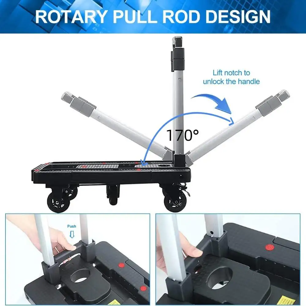 Camión de mano plegable de aluminio, capacidad de carga de 330 libras, carrito plegable de empuje y tracción, plataforma portátil con mango telescópico