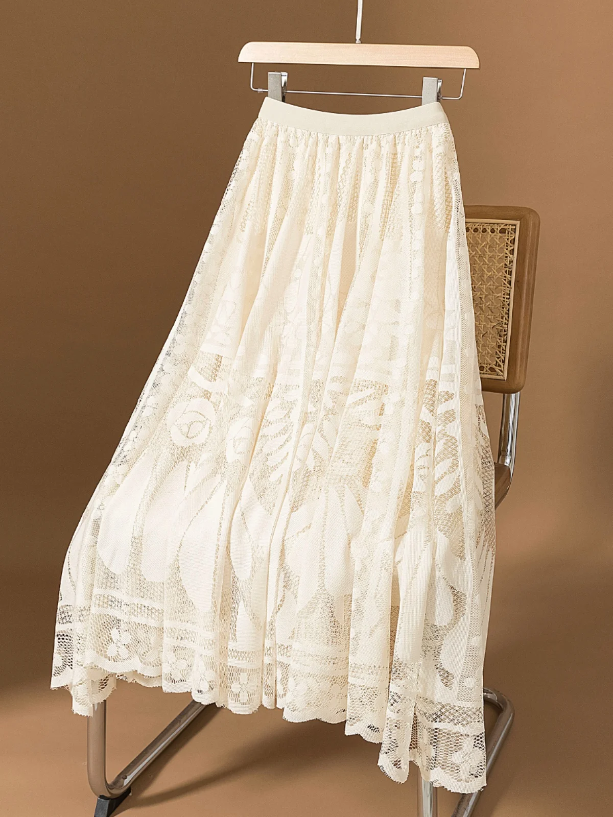 

Ele High Waist Lace A-Line Skirt Women's Maxi f-length Gown Hollow out Oversize Pleated Skirt Sweet Sle Autumn Faion