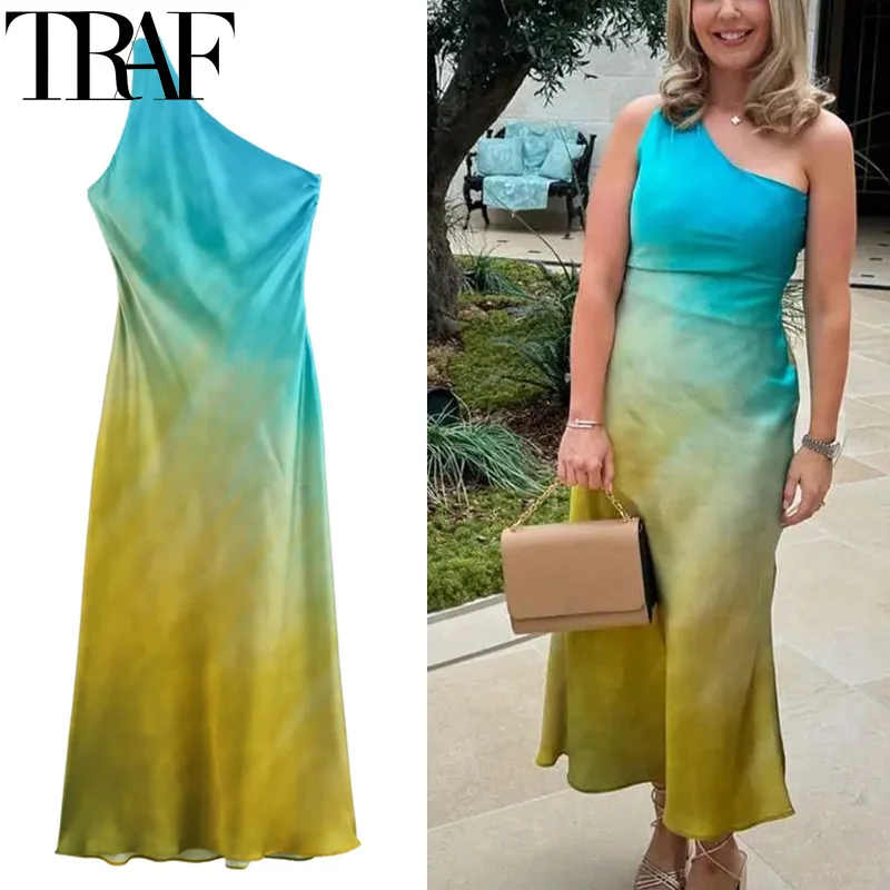 TRAF Tie Dye Satin Dress Women Asymmetric Off Shoulder Midi Dress Woman Summer Knot Backless Long Dresses Sleeveless Party Dress