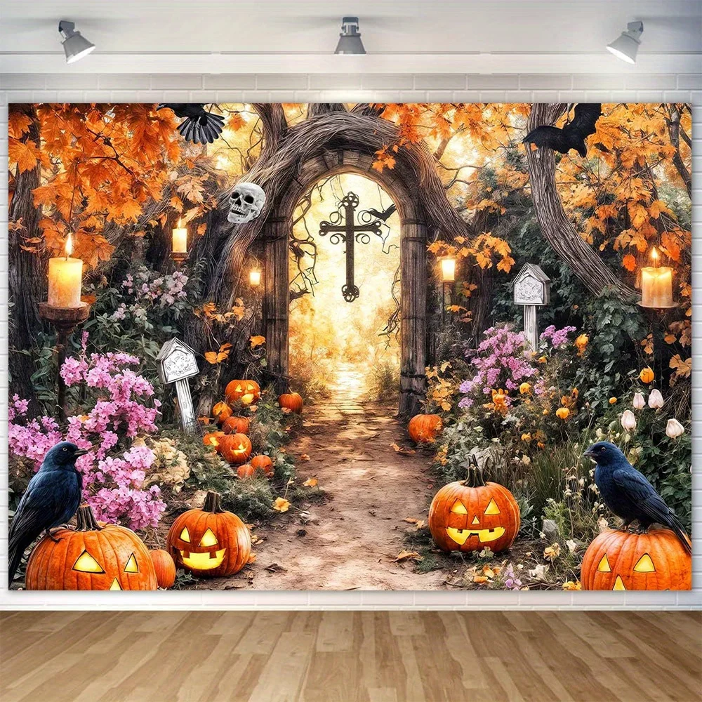 Magischer Halloween-Wald-Hintergrund – erschreckende Skelett-, Kürbis- und Spukhaus-Szenen mit Kerzen und Totenkopfköpfen