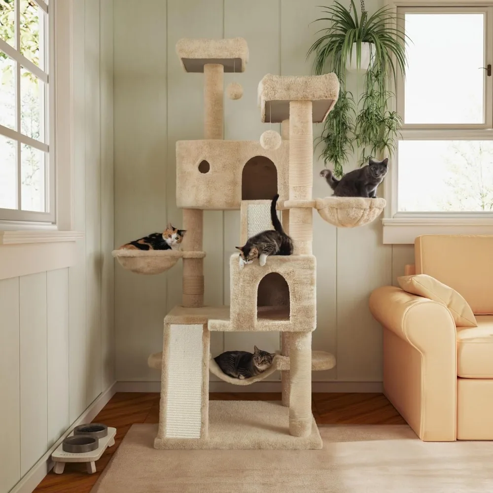 MUTICOR 66 Inches Multi-Level Large Cat Tree Tower for Indoor Big Feline/Cozy Plush Perches/Condo/Sisal Scratching Posts/Hammock