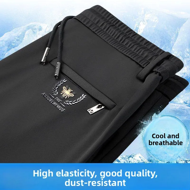 

Ice Silk Men's Casual Pants Elastic Waist Business Work Straight Leg Long Trousers Quick Dry Breathable Cool Feeling Summer