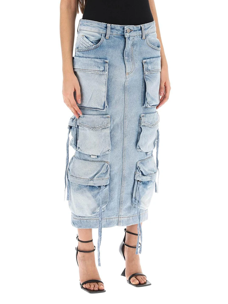 TWOTWINSTYLE Solid Casual Loose Denim Skirt For Women High Waist Patchwork Pocket Designer Cargo Skirts Female Fashion New 2023