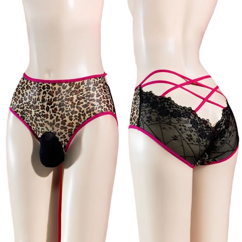 Men's Briefs Ultra-Thin Mesh Sheer Underwear Sissy Lingerie Gay Lace Leopard Printed Hollow Sexy Bullet Separation Pouch Panties