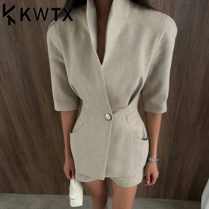 

KWTX 2026 Trendy Women's Beige Linen Blend Suit Set,Stand Collar Half-Sleeve Blazer & Shorts Two-Piece, Elegant Minimalist Style