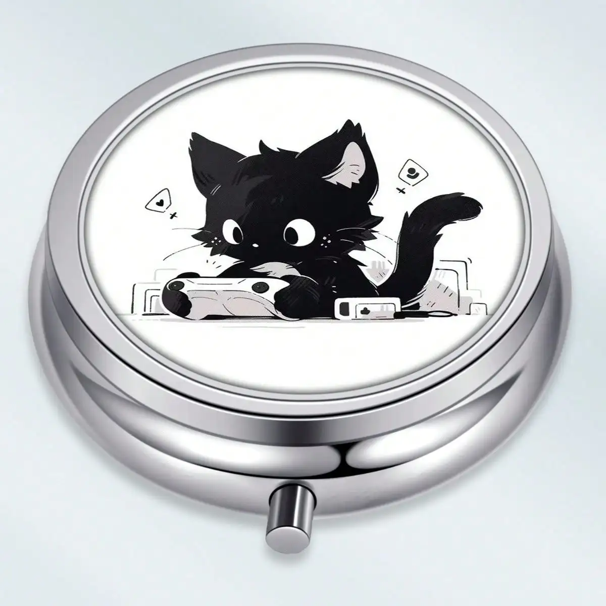 1PC Gaming Cat Theme Metal Medicine Box, Round 3 Compartment Storage Box, Portable Household Medicine Storage Box, Pocket Wallet, Travel Unique Gifts