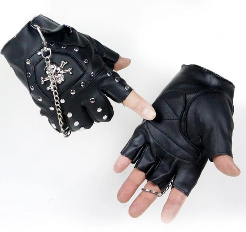 Punk Gothic Leather Pair Fingerless Biker Sports Mountain Gloves With Cranium Studded For Men