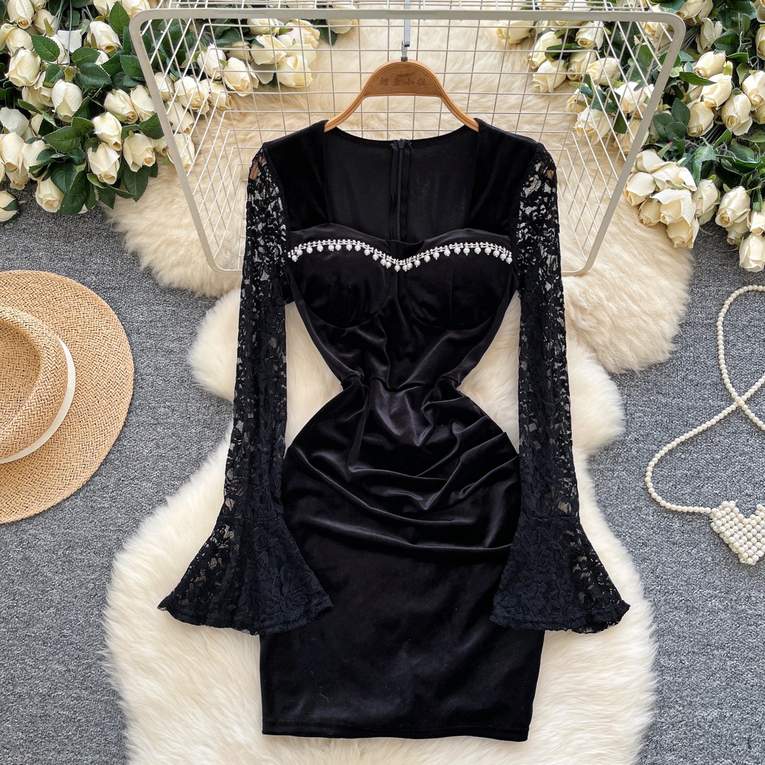 Chic sexy terciopelo cuello cuadrado manga larga vestido fruncido Hada otoño Vestidos ropa de mujer Vestidos de ceremonia