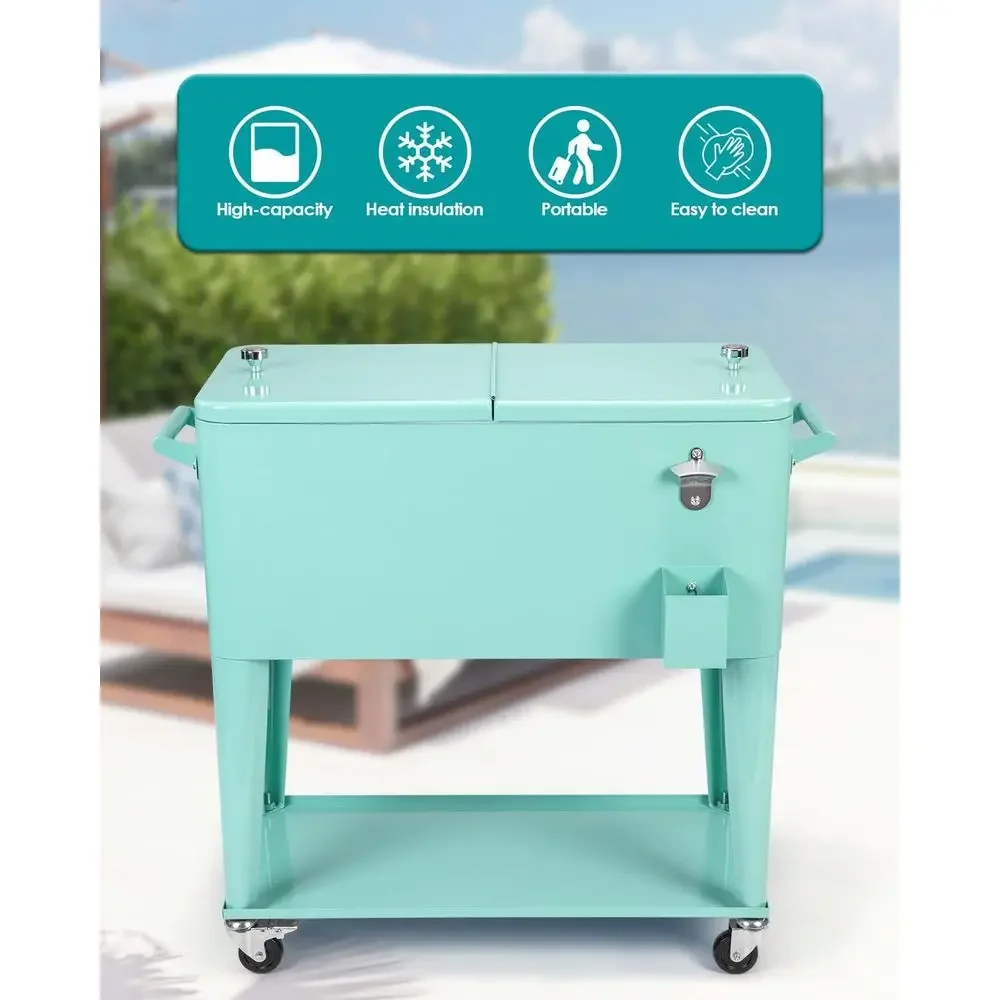 Portable 80 Quart Rolling Cooler Cart for Outdoor Patio, Beach, BBQ, and Camping Beverage Storage
