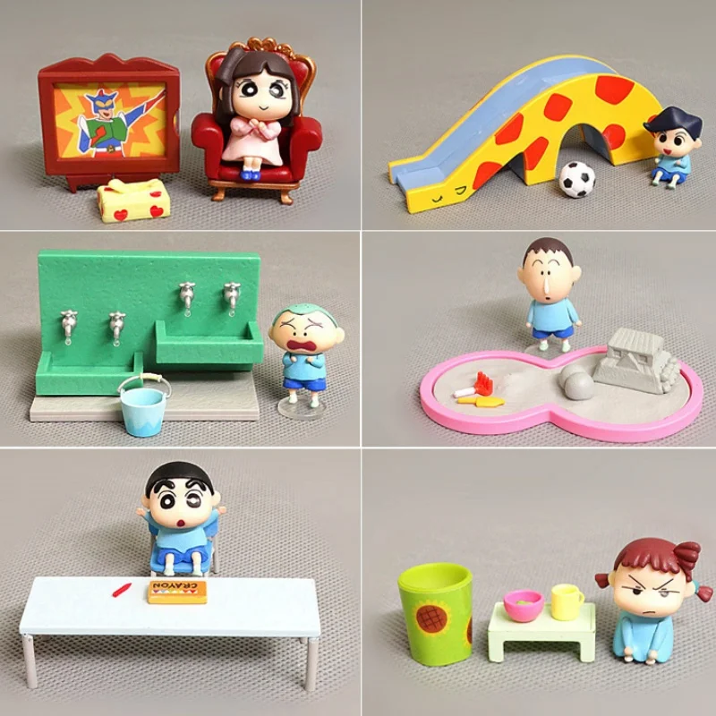 

6pcs Crayon Shin-chan 6 Models Futaba Kindergarten Miniature Scene Anime Character Statue Model Desktop Ornament Toy Gift Figure