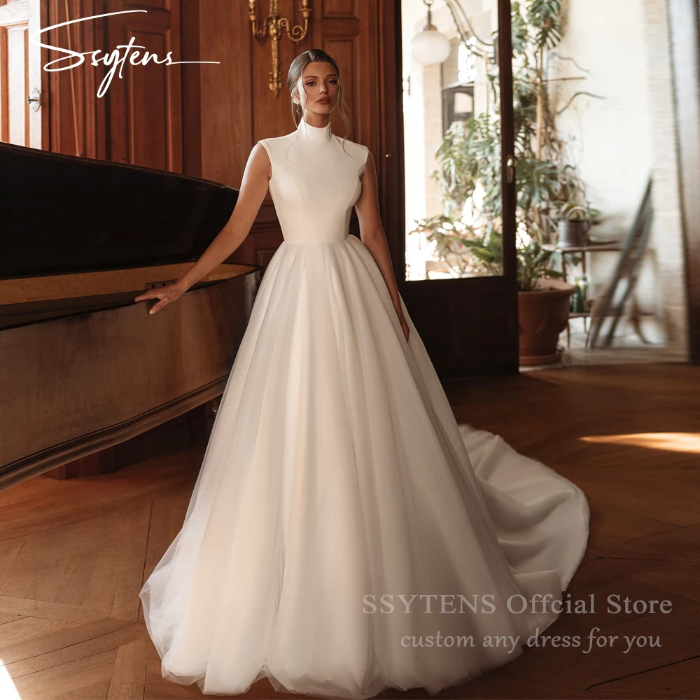 

SSYTENS Elegant Beach Wedding Dresses A Line High Neck Bridal Dresses Cap Sleeveless Women Floor Length Bride Gowns Customized