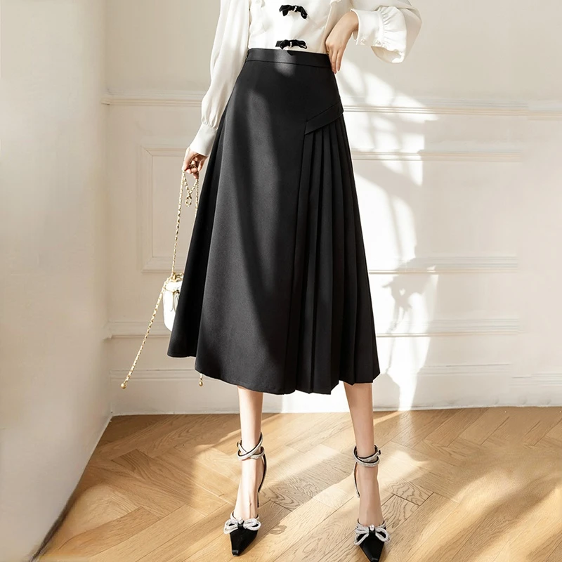 

Elegant High Waist A-line Pleated Skirts Womens Spring Summer Fashion Mid-length Skirt Office Ladies Temperament Umbrella Skirt