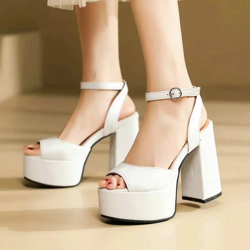 

Black White Summer Women High Heel Shoes Platform Square High Heel Ladies Sandals PU Leather Open Toe Buckle Dress Women's Shoes