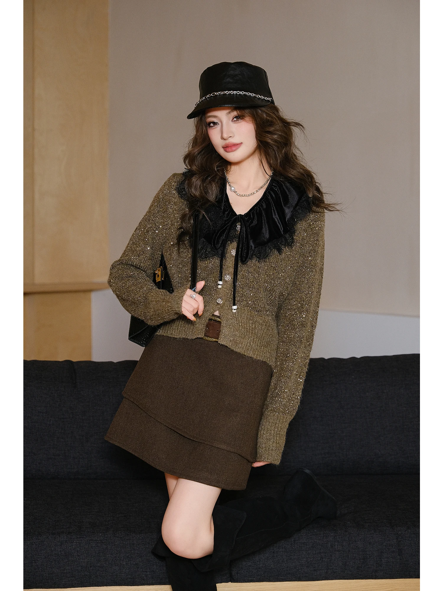 

MIUCO Korean Sle iny Knitted Sweater Detachable Ruffle Doll Collar Women's Winter Faion Fine Sparkle Knitwear