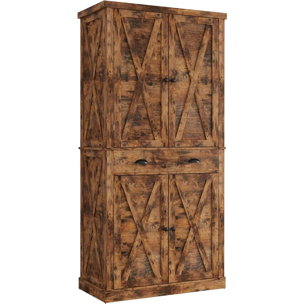 

Pantry Storage Cabinet 72" Height, with Barn Doors, Drawer, 4 Adjustable Shelves, Freestanding Cupboard for Dining R