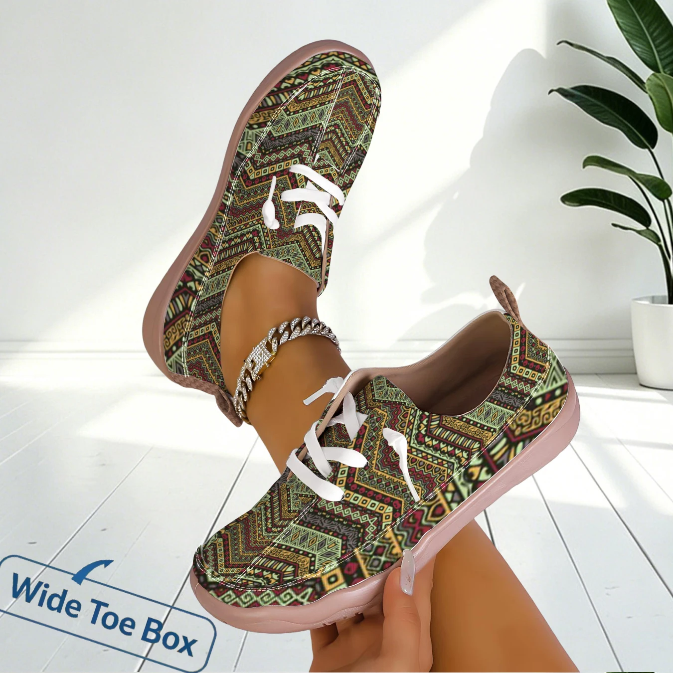 Casual Sneakers Geometric Print Wide Toe Box Design Comfortable Breathable Style Outdoor Walking for Women Daily Standing