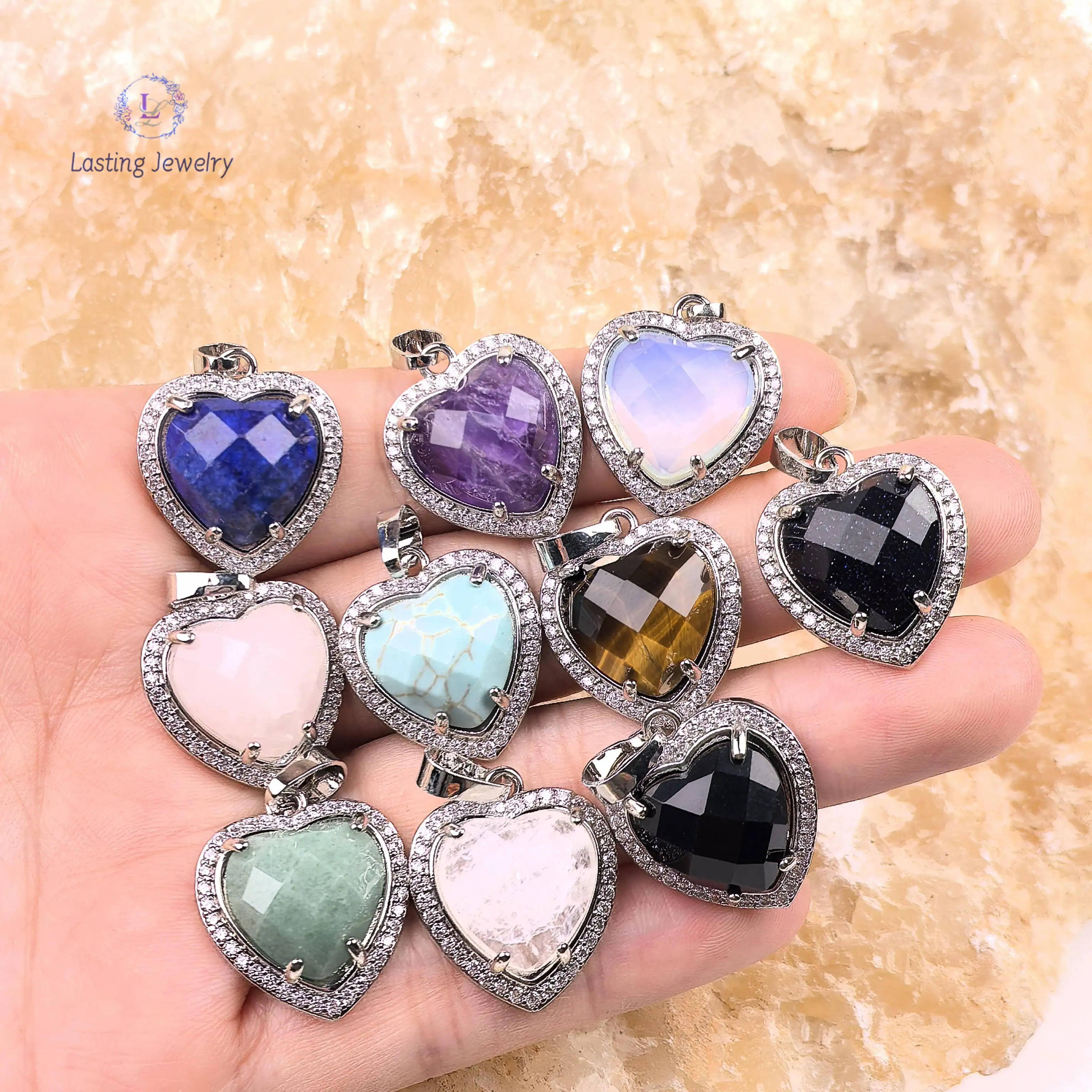 

Healing Crystal Heart Pendants With Inlaid Zircon Charms Rose Quartz Amethyst Opal Faceted Gemstone Pendulum Necklace Jewelry