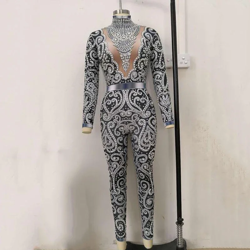 Kombinezon z długim rękawem, elastyczny, z dżetami w 4 kolorach, perłami, damski kostium do jazzu, gogo, taniec, strój do klubu nocnego, rave, DT1010