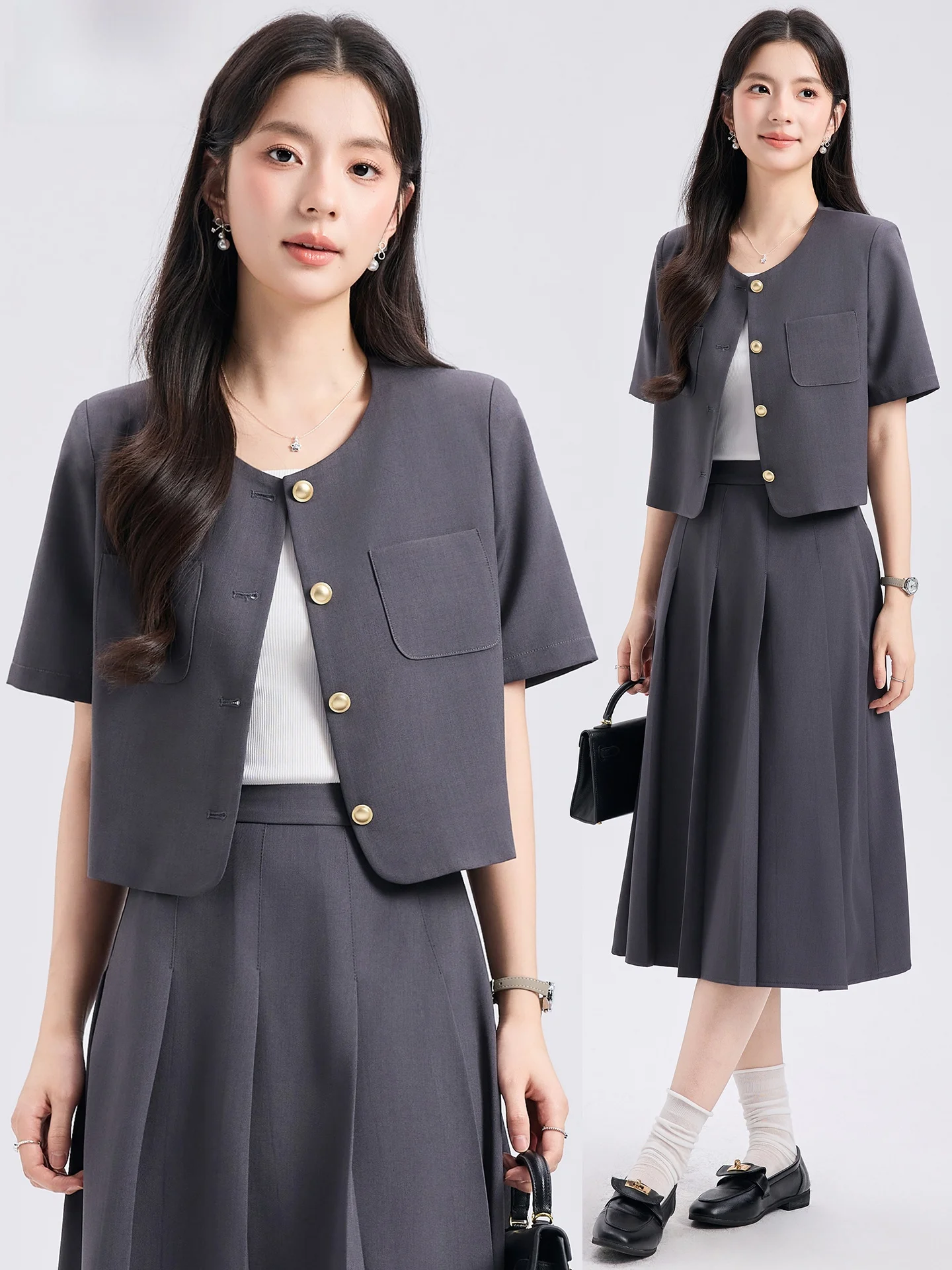 Gray Suit Jacket Women's Short Thin Formal Interview Commute Style Polyester Fiber round Neck Single Button Closure Suit