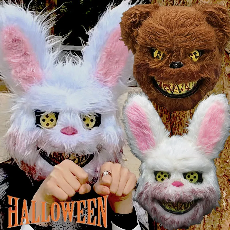 Halloween Bloody Rabbit Bear Maschera Cosplay Unisex Horror Peluche Copricapo di animale Maschera da festa spaventosa per donne Uomini Puntelli per costumi