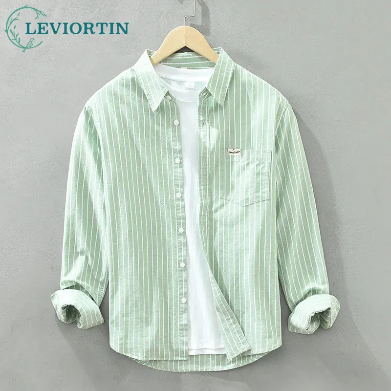 

Корейская модная полосатая оксфордская рубашка с длинным рукавом для мужчин, простая и универсальная, повседневная рубашка со свободным воротником