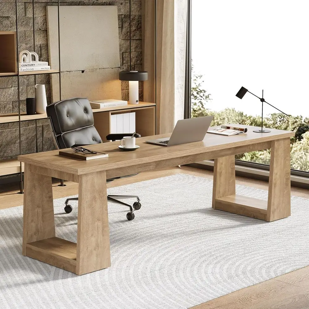 86.6 Double Home Office Desks, Two Person Desk, Large Work Writing Table, Rustic Brown Business Furniture for Home