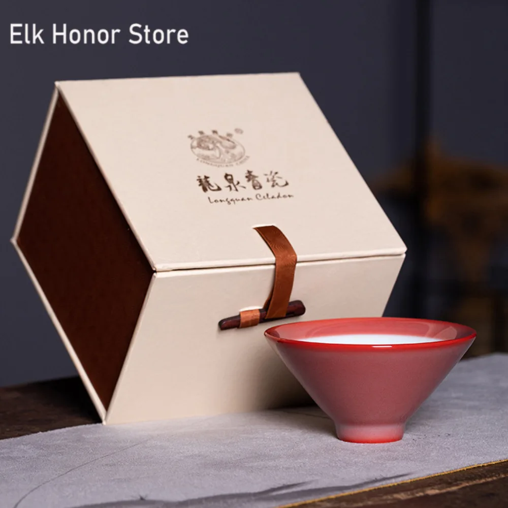 95ml Boutique Longquan Celadon Teacup Handmade Red Galze Ceramic Master Cup Women\'s Hat Cone Tea Bowl Kung Fu Teaware Gift Box
