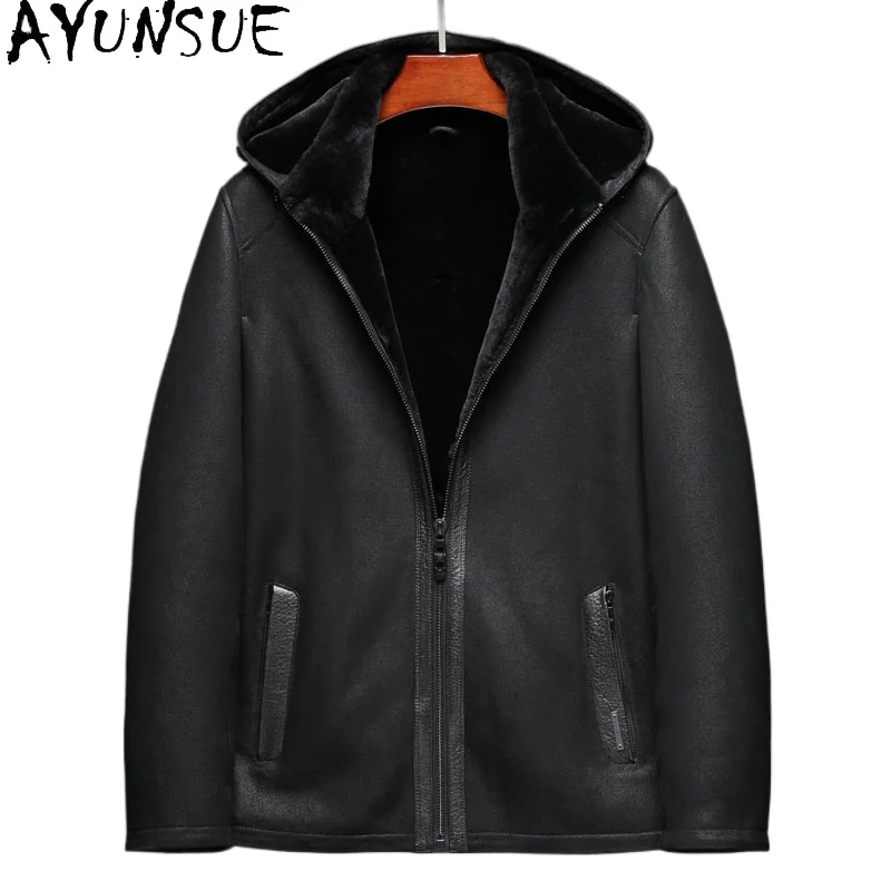 

AYUNSUE 100% Natural Wool Fur Coat Men Clothing Warm Winter Genuine Leather Jacket Man Detachable Hat Warm Real Fur Coats Casual