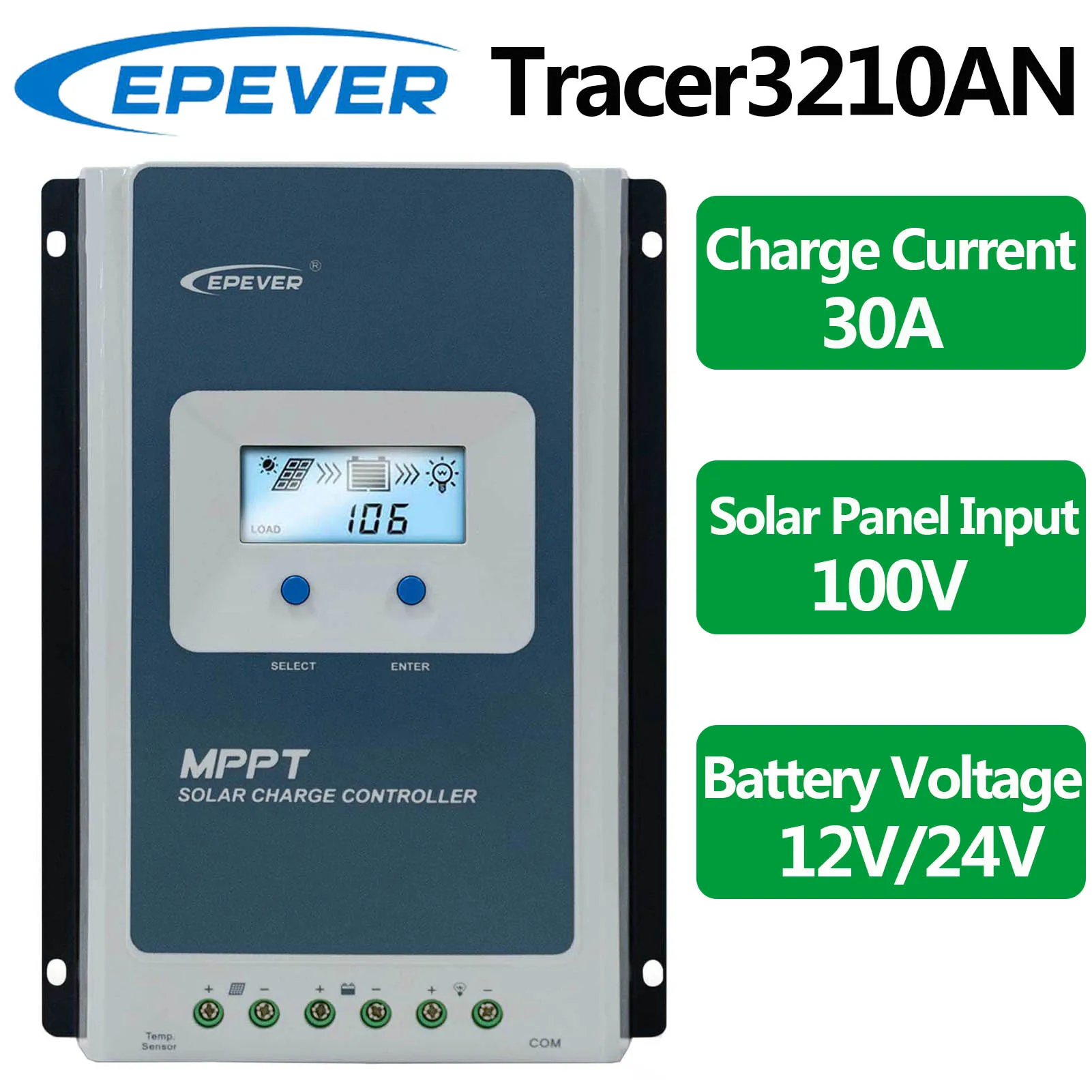 EPEVER 30A MPPT Solar Charge Controller Auto 12V 24V Battery Voltage Max Solar Panel Input 100V