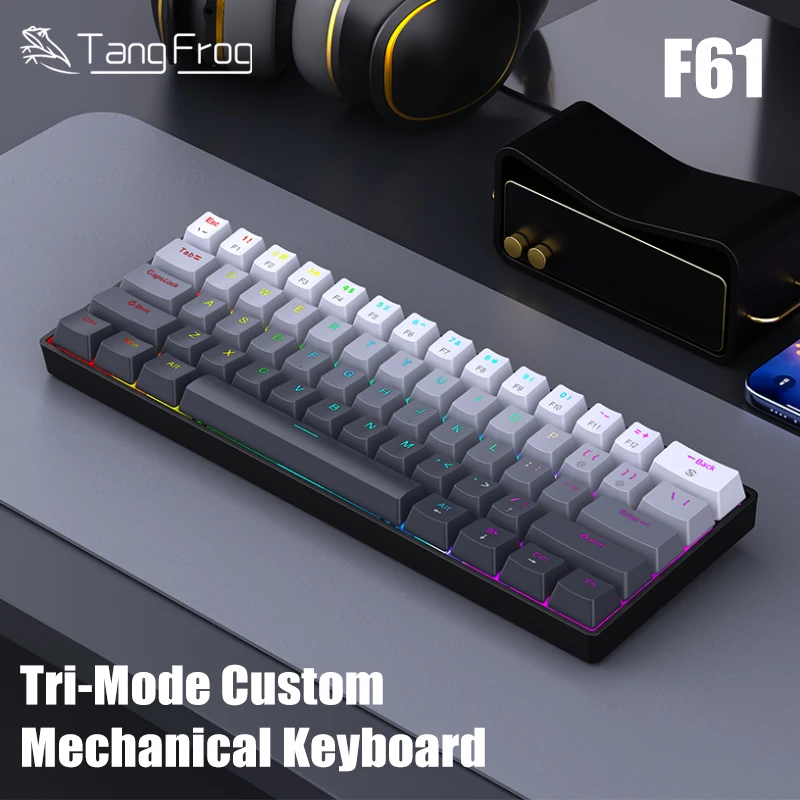TangFrog F61 61 Key Mechanical Keyboard 60% Tri Mode 2.4G Bluetooth USB C Hot Swappable Silver Moon Switch ARGB for PC MAC