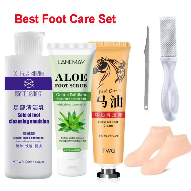 6pcs Foot Care Set 120ml Foot Exfoliator Softener Foot Scrub Remove Dead Skin Calluses Foot Care Mask Anti-Crack Heel Enhancer