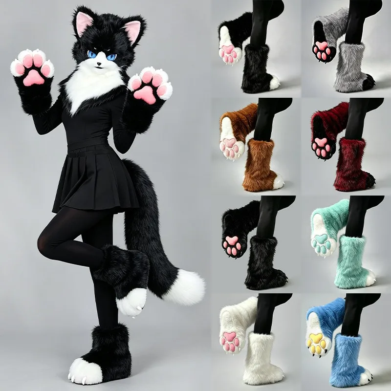 Cute Plush Furry Paw Boots Fursuit Cosplay Animal Cat Paws Foot Covers for Anime Exhibition Party Xmas Furry Anime Costume