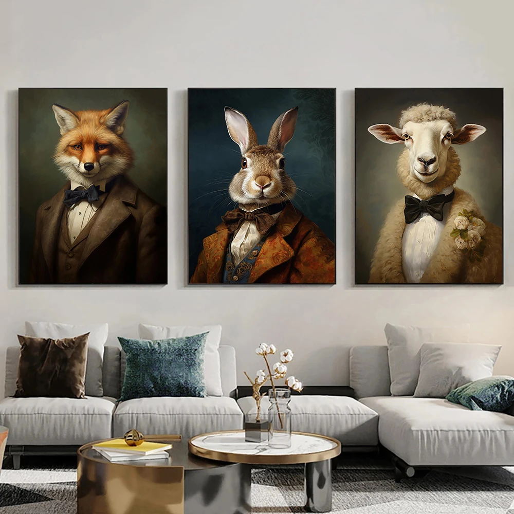 Renaissance Rabbit Panda Moose Sheep Leopard Animal Portrait Poster Canvas Paintings Wall Art Pictures Home Decor