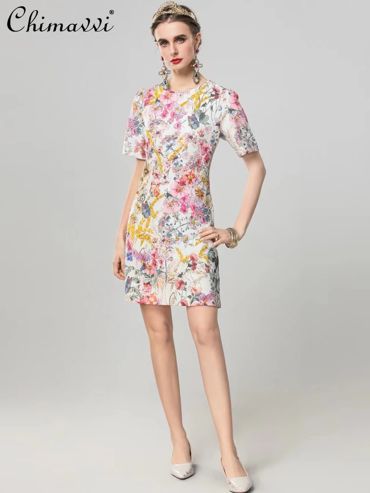 

French Elegant Temperament Socialite Summer Dresses Round Neck Short Sleeve 3D Flower Beaded Fashion Print Evening Dress Women