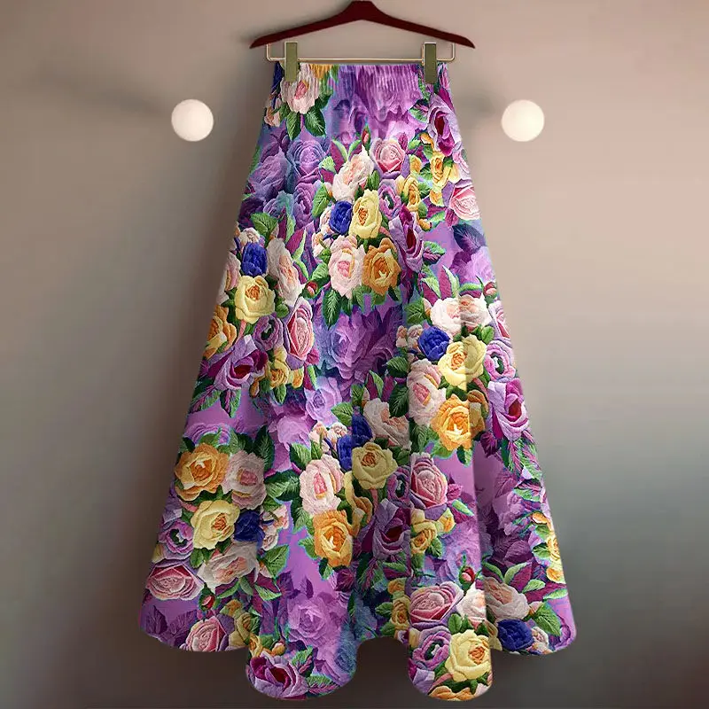 2025 Spring Summer Women High Waisted Floral Pattern Green Purple Middle Length Skirt , Woman Fashion Printed Flower Skirts