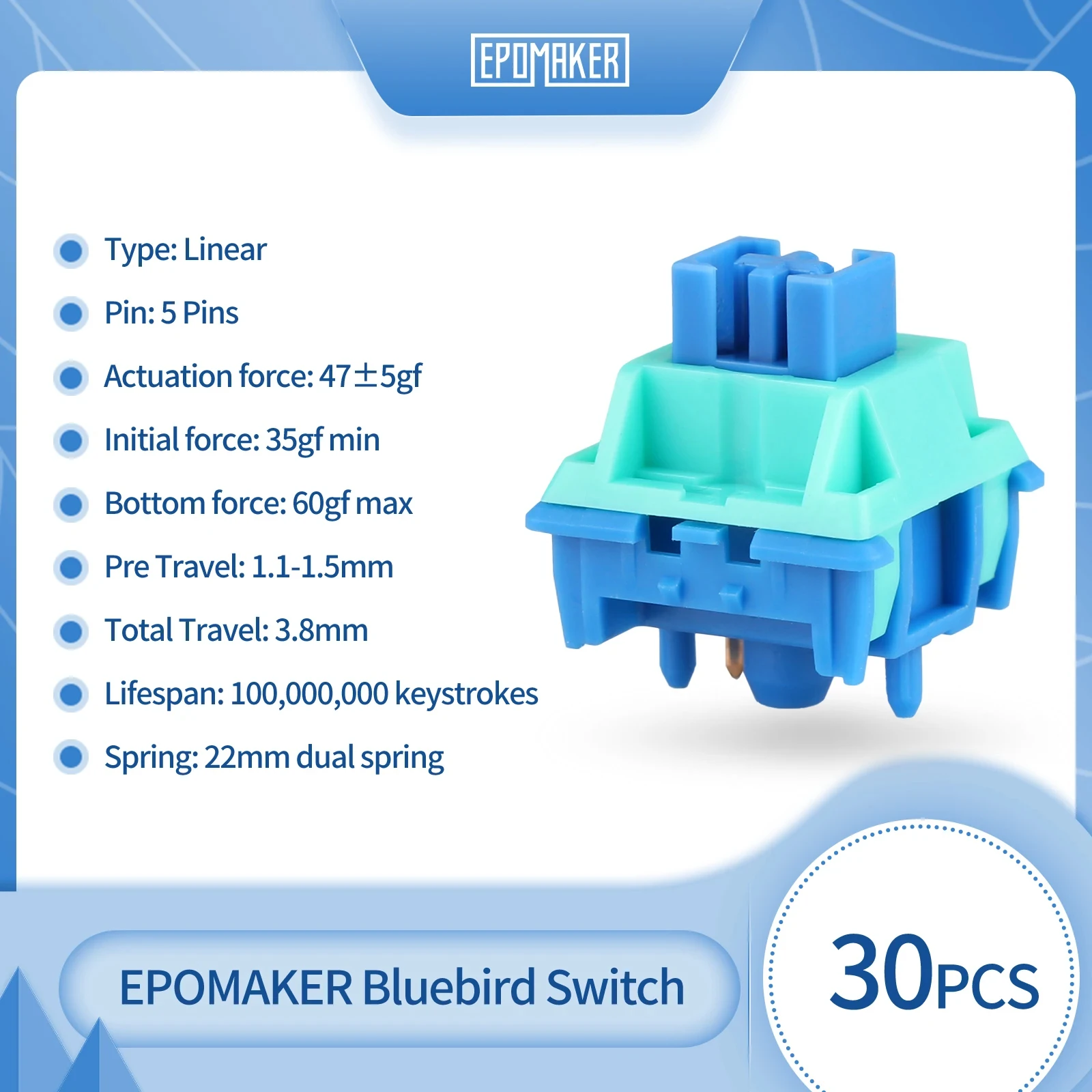 30 Pieces EPOMAKER Bluebird Linear Switches for Mechanical Keyboard Factory Lubed POM Stem PC Nylon Housing 22mm Dual Spring