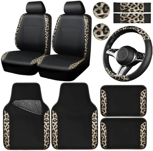 

Комплект чехлов и ковриков для автомобильных сидений с леопардовым принтом - универсальный размер для внедорожников, фургонов, грузовиков - золотисто-черная искусственная кожа для интерьера автомобиля