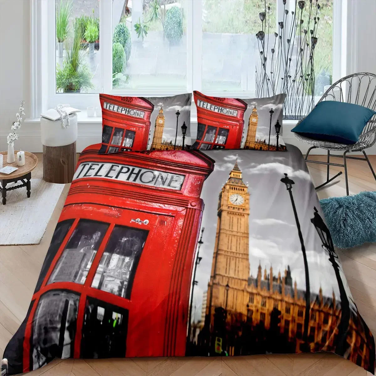 London Telephone Booth King Queen Duvet Cover The Big Ben Bedding Set Retro United Kingdom Quilt Cover Red Grey Comforter Cover