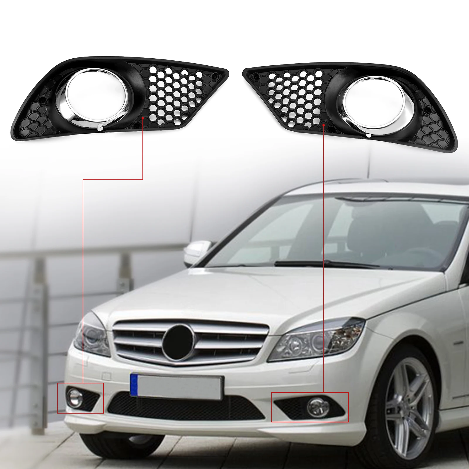 Artudatech Pair Front Bumper Fog Light Grill Set Fit Mercedes Benz C-Class W204 2008-2010