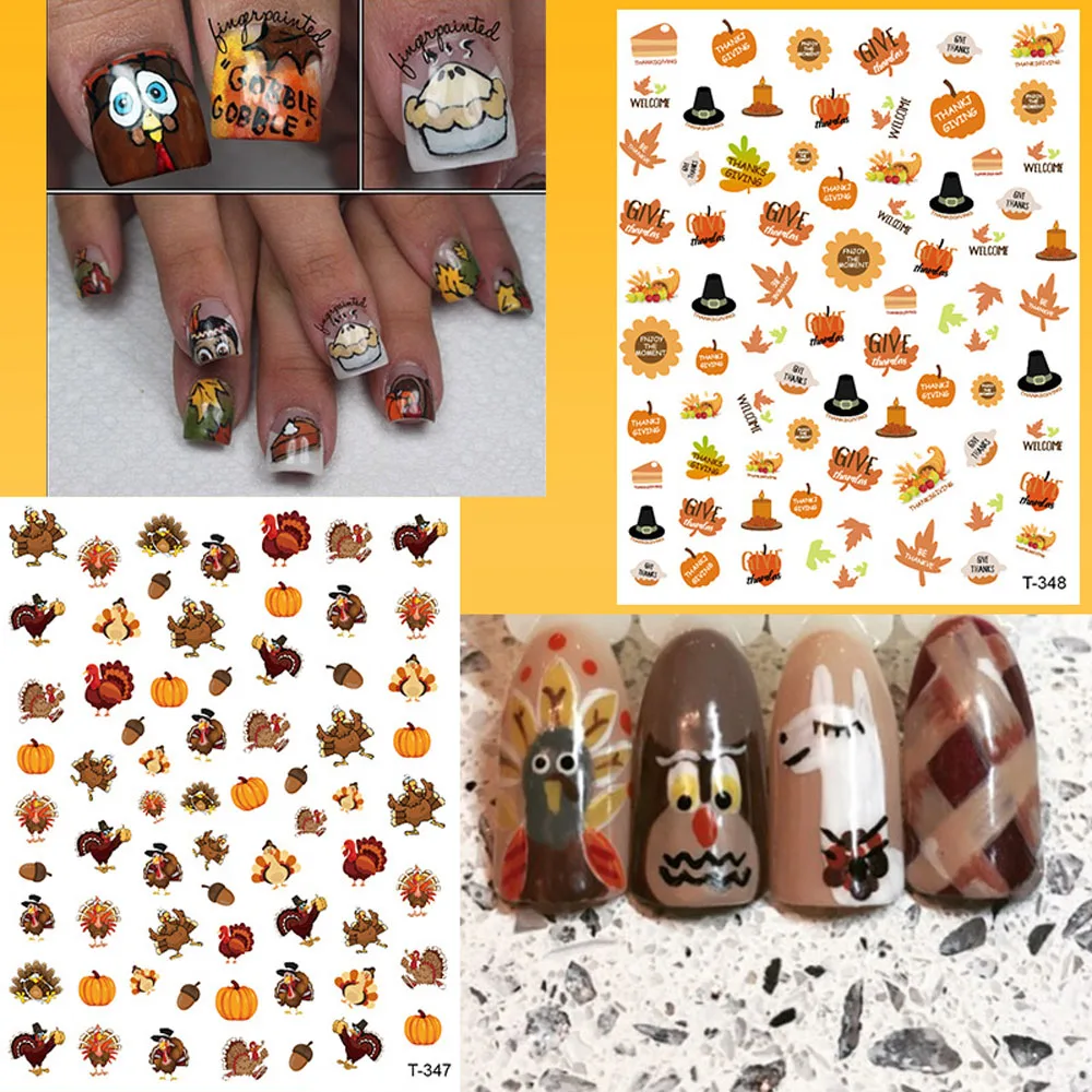 Thanksgiving Day Autumn 3D Nail Art Sticker 5 Designs Maple Leaf Pumpkin Turkey Slider Manicure Decoration Adhesive Tips Decals