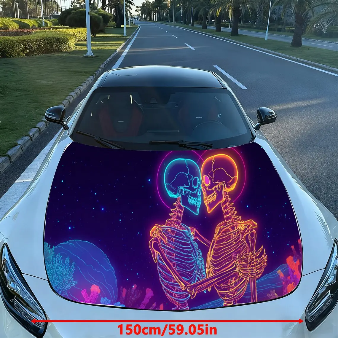 Cyberpunk Neon Skull Couple Art Style PVC Car Hood Wraps, Self-Adhesive Waterproof Car Bonnet Decal Sticker, Car Decoration Prot