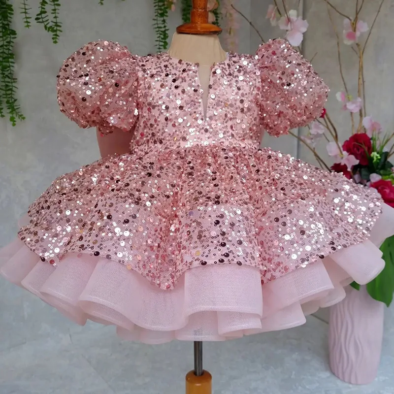 Pink Sequin Princess Dress for Toddler Girls European Style Bubble Sleeve Tutu for Fashion Show Kids Dresses for Baby Girls