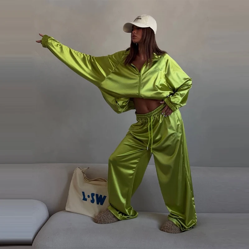 

Loose Satin Thin Coat Pants Set Women Casual Stand Neck Full Sleeve Jacket Wide Leg Trousers Fashion Two Pieces Sets 2026