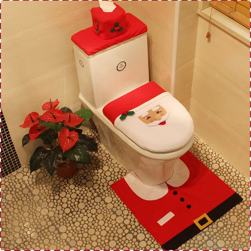 Santa Claus Snowman Xmas Bathroom Decor Three-piece Christmas Bathroom Decorations Toilet Cover Foot Pad Seat Cover Cap for Home