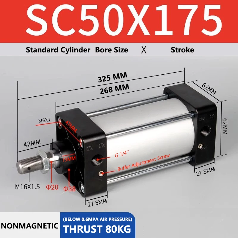 

ABILKEEN SC50X175 Standard Pneumatic Cylinder 50mm Bore Size X 175 MM Stroke Double Acting Air Standard Cylinder