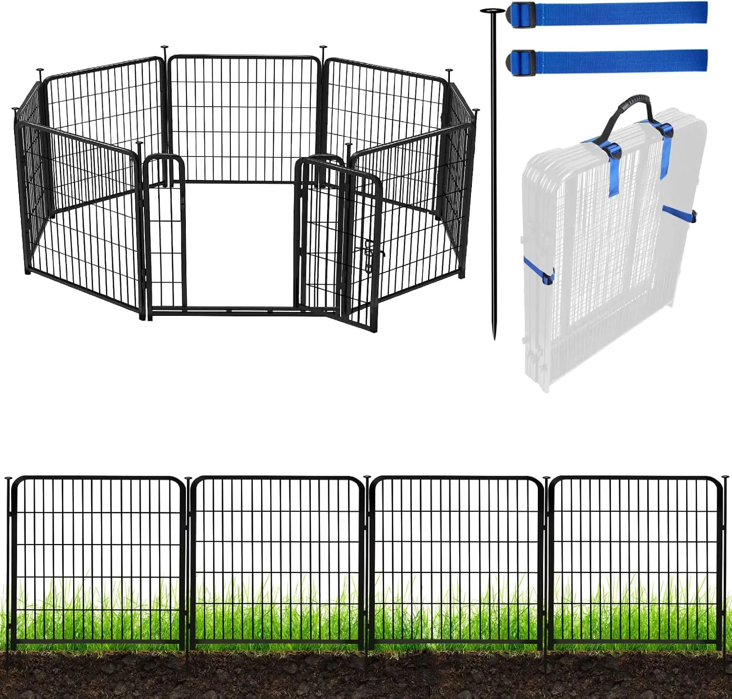 

Fence with Gate, 48 in(H) 8 Panels Heavy Duty Iron Metal Animal Barrier Fence, Indoor Dog Playpen, Temporary