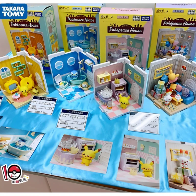 

Tomy Pokemon Figure Micro Scene Kitchen Bathroom Living Room Pikachu Piplup Rowlet Collectible Decoration For Collector