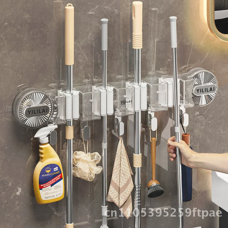 Multi-function Creative Suction Cup Hanger for Household Bathroom Toilet ABS Storage Rack with Row Suction Cup Mop Clip