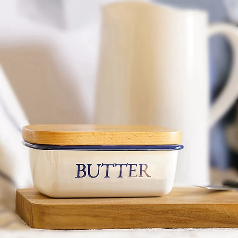 Butter Box Nordic Style Ceiling With Wood Lid Food Dish Enamel Cheese Storage Tray Plate Container For Kitchen Tool