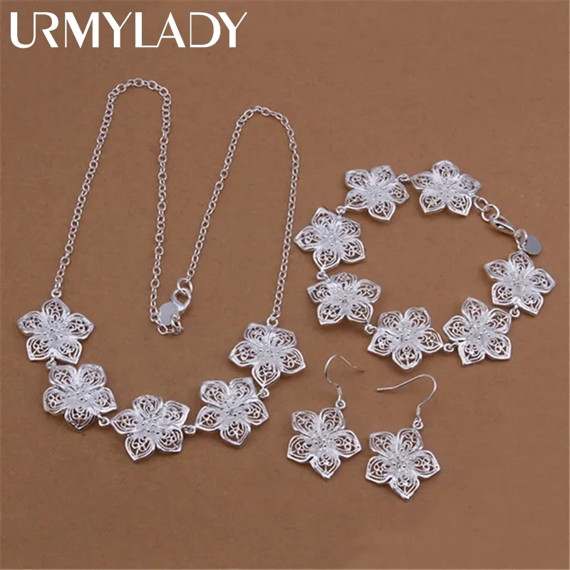 Modne wisiorki 925 Sterling Silver zestawy biżuterii drobne kwiaty naszyjnik bransoletki kolczyki dla kobiet prezenty świąteczne wesele